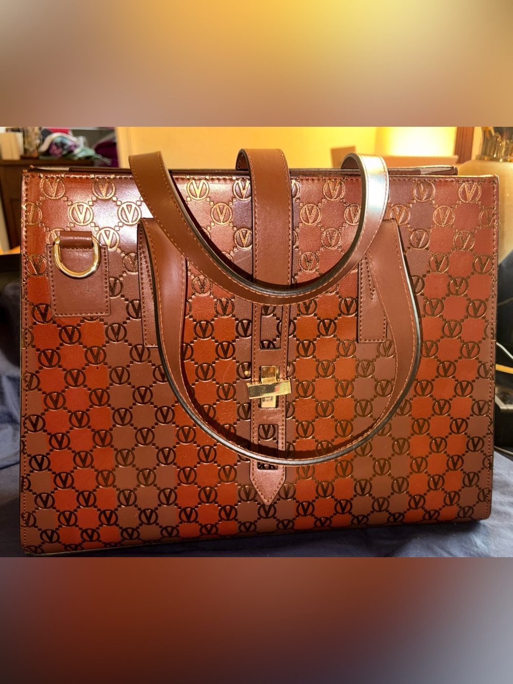 Mario Valentino Spa Brown Monogram Leather Tote with Gold Hardware